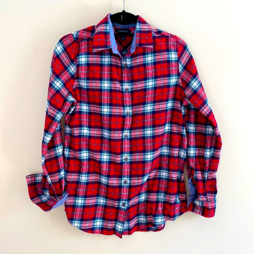 Lk NEW LANDS END button down flannel shirt red blue size small tall 6-8
